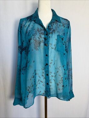 Anthropologie Teal Floral Sheer Button-Front Blouse Size M Feminine Flowy Fairy